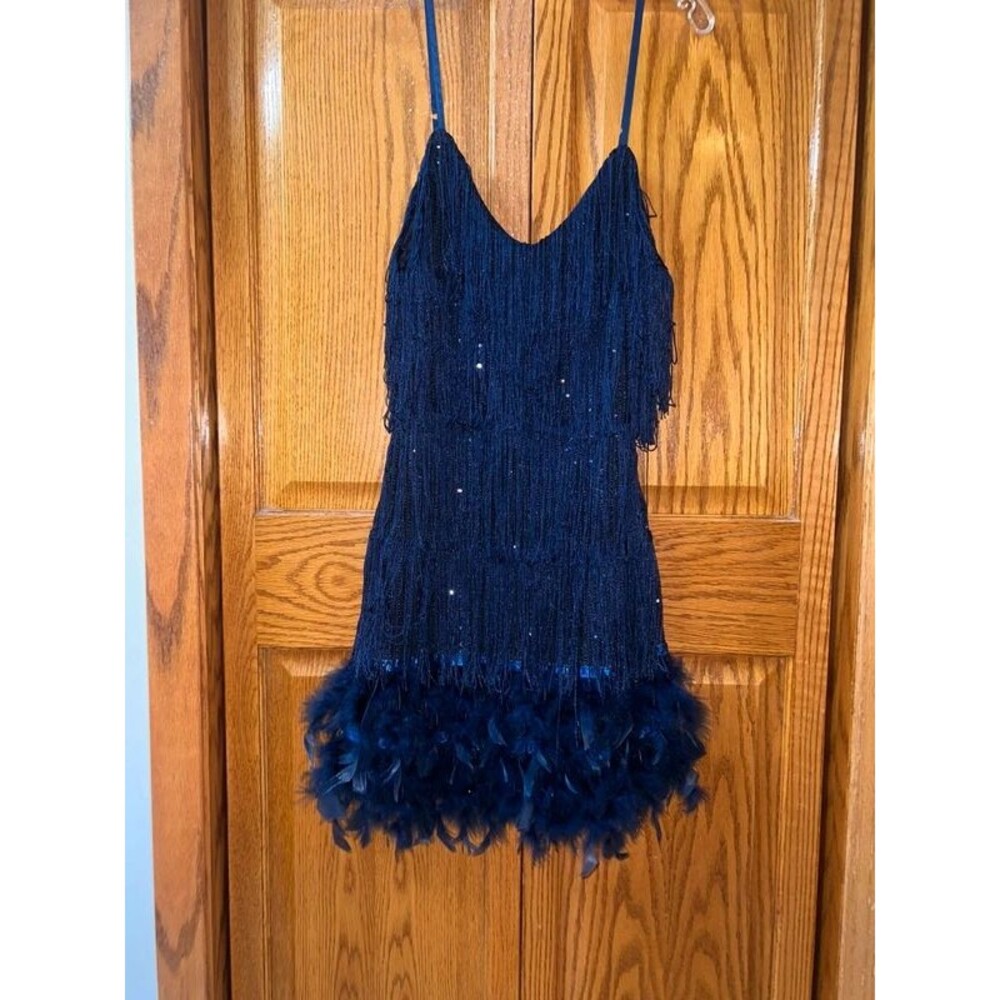 Navy Blue Fringe Sequin Feather Hem Dress Women’s XL Party Cocktail Formal